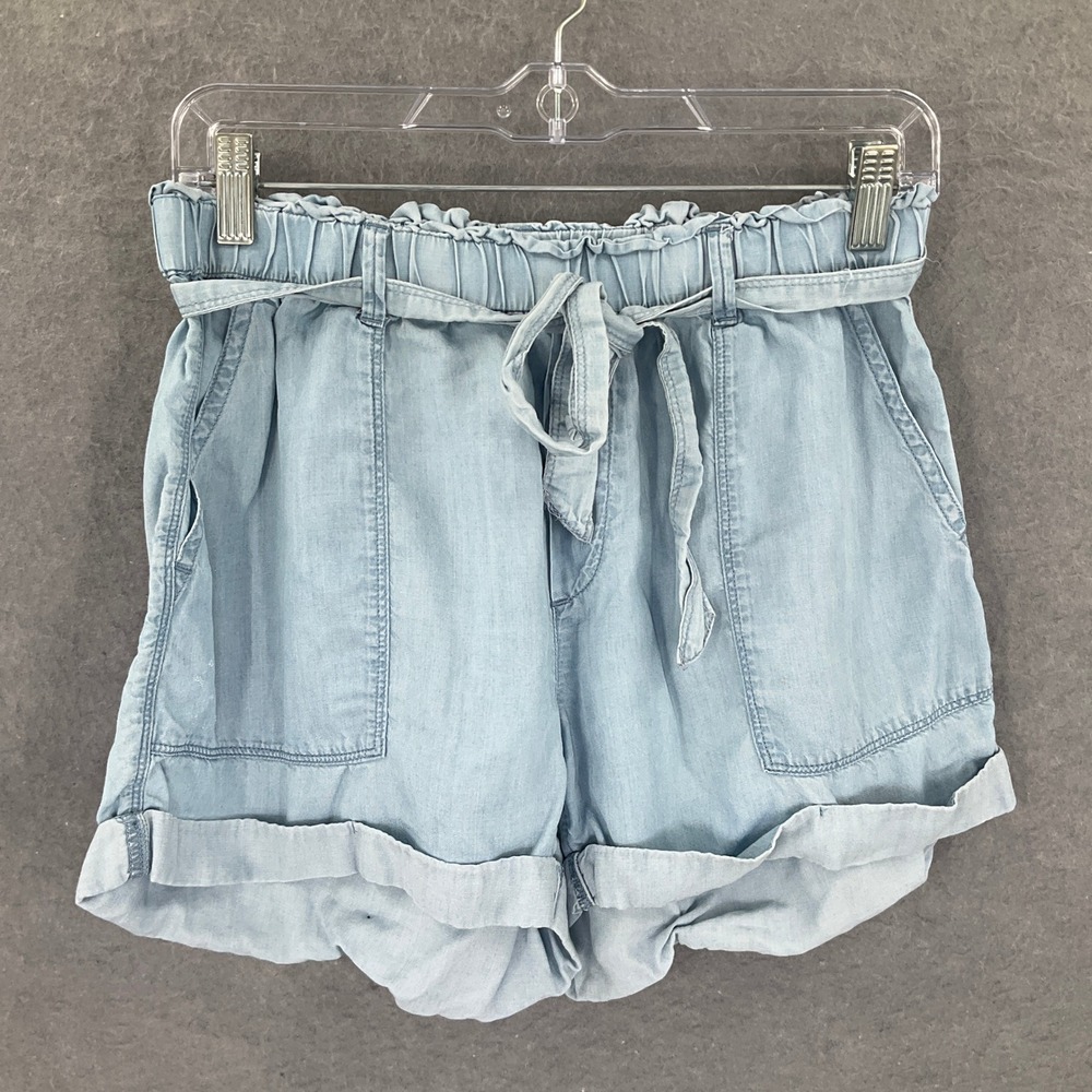Aerie Womens Medium Denim Shorts Light Blue Paperbag Waist Tie Belt